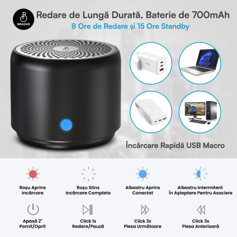 Boxa Portabila Mini, BRAGUS, Boxa Bluetooth 5.0, Rezistenta la Apa IPX7 si Praf, Baterie 700mAh, Autonomie 17h, Bass Puternic, Calitate Audio Excelenta, Stereo, Husa Protectie Inclusa, Wireless, 175g [5]