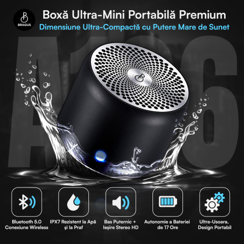 Boxa Portabila Mini, BRAGUS, Boxa Bluetooth 5.0, Rezistenta la Apa IPX7 si Praf, Baterie 700mAh, Autonomie 17h, Bass Puternic, Calitate Audio Excelenta, Stereo, Husa Protectie Inclusa, Wireless, 175g [1]
