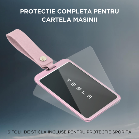 Breloc auto cu protectie pentru cartela masinilor Tesla, cu 6 folii protectie incluse, curea din piele pentru agatare, compatibil cu Model 3/Y, Model 3 Highland, BRAGUS®, din aluminiu, Roz [3]