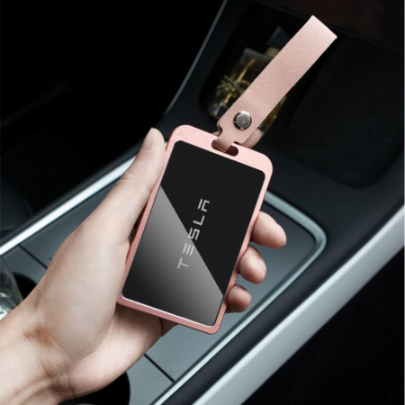Breloc auto cu protectie pentru cartela masinilor Tesla, cu 6 folii protectie incluse, curea din piele pentru agatare, compatibil cu Model 3/Y, Model 3 Highland, BRAGUS®, din aluminiu, Roz [1]