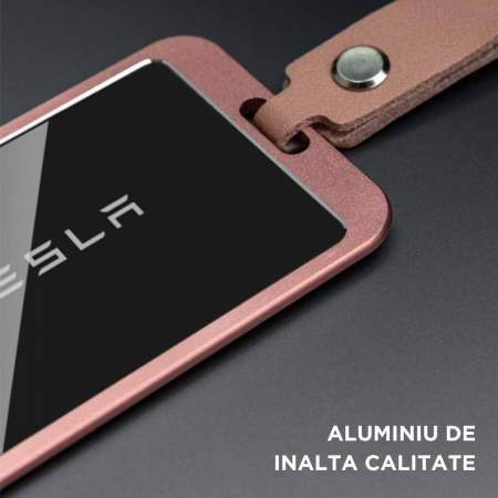 Breloc auto cu protectie pentru cartela masinilor Tesla, cu 6 folii protectie incluse, curea din piele pentru agatare, compatibil cu Model 3/Y, Model 3 Highland, BRAGUS®, din aluminiu, Roz [2]