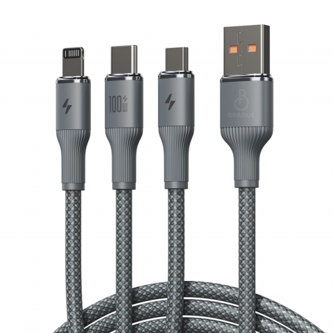 Incarcatoare Telefoane - Cablu de date cu incarcare rapida, Bragus, 3 in 1, Super Fast Charge 100W, USB, Type C, Lightning, Micro-USB