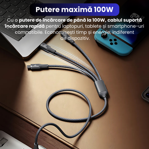Cablu de date cu incarcare rapida, Bragus, 3 in 1, Super Fast Charge 100W, USB, Type C, Lightning, Micro-USB [3]