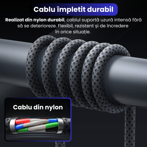 Cablu de date cu incarcare rapida, Bragus, 3 in 1, Super Fast Charge 100W, USB, Type C, Lightning, Micro-USB [4]