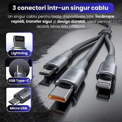 Cablu de date cu incarcare rapida, Bragus, 3 in 1, Super Fast Charge 100W, USB, Type C, Lightning, Micro-USB [2]