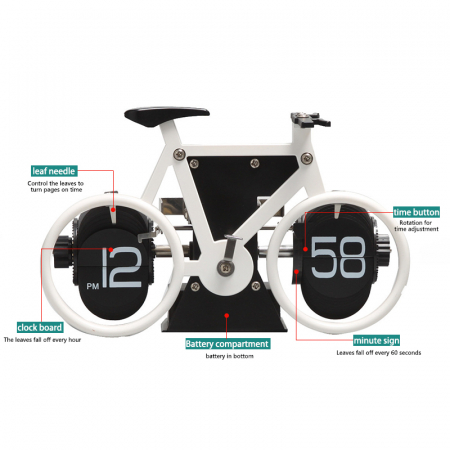 Ceas retro BRAGUS®, in forma de bicicleta, analogic, design classic, intoarcere automata, din metal, Alb [2]