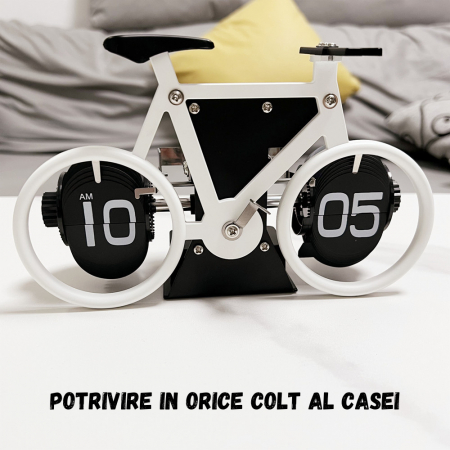 Ceas retro BRAGUS®, in forma de bicicleta, analogic, design classic, intoarcere automata, din metal, Alb [3]