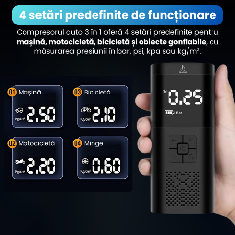 Compresor Auto Portabil, 3 in 1, Baterie 6000mAh Tip Powerbank, Digital, Manometru, Lanterna LED, 150PSI, Debit 20L, Pompa Aer Masina, 4 Accesorii, Incarcare USB, Umflare Roti, Minge, Bicicleta, Negru [2]