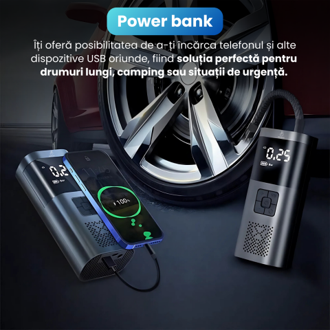 Compresor Auto Portabil, 3 in 1, Baterie 6000mAh Tip Powerbank, Digital, Manometru, Lanterna LED, 150PSI, Debit 20L, Pompa Aer Masina, 4 Accesorii, Incarcare USB, Umflare Roti, Minge, Bicicleta, Negru [4]