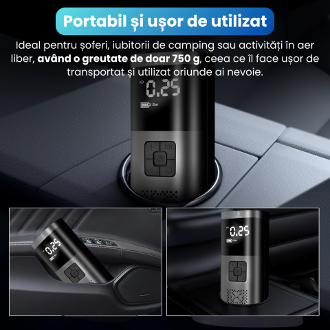Compresor Auto Portabil, 3 in 1, Baterie 6000mAh Tip Powerbank, Digital, Manometru, Lanterna LED, 150PSI, Debit 20L, Pompa Aer Masina, 4 Accesorii, Incarcare USB, Umflare Roti, Minge, Bicicleta, Negru [6]