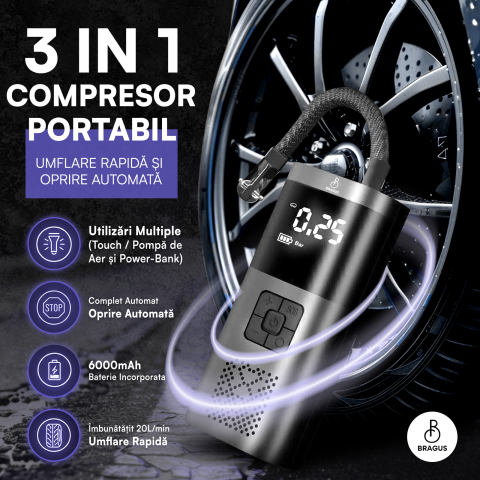 Compresor Auto Portabil, 3 in 1, Baterie 6000mAh Tip Powerbank, Digital, Manometru, Lanterna LED, 150PSI, Debit 20L, Pompa Aer Masina, 4 Accesorii, Incarcare USB, Umflare Roti, Minge, Bicicleta, Negru [1]