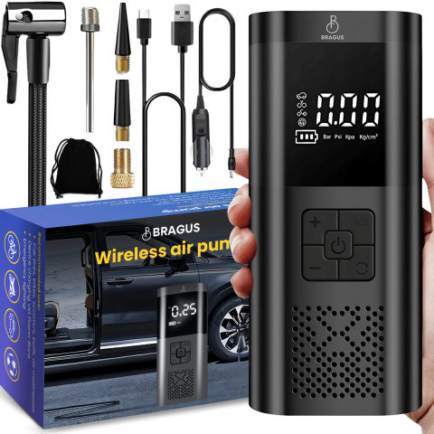 Aspiratoare si Accesorii Auto - Compresor Auto Portabil, 3 in 1, Baterie 6000mAh Tip Powerbank, Digital, Manometru, Lanterna LED, 150PSI, Debit 20L, Pompa Aer Masina, 4 Accesorii, Incarcare USB, Umflare Roti, Minge, Bicicleta, Negru