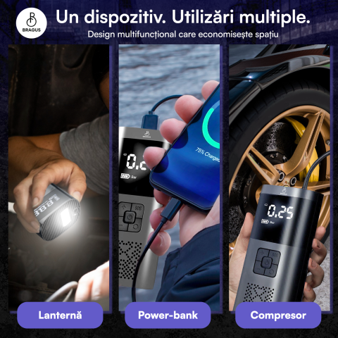 Compresor Auto Portabil, 3 in 1, Baterie 6000mAh Tip Powerbank, Digital, Manometru, Lanterna LED, 150PSI, Debit 20L, Pompa Aer Masina, 4 Accesorii, Incarcare USB, Umflare Roti, Minge, Bicicleta, Negru [3]
