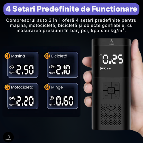 Compresor Auto Portabil, 3 in 1, Baterie 6000mAh Tip Powerbank, Digital, Manometru, Lanterna LED, 150PSI, Debit 20L, Pompa Aer Masina, 4 Accesorii, Incarcare USB, Umflare Roti, Minge, Bicicleta, Negru [9]