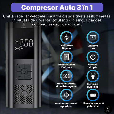 Compresor Auto Portabil, 3 in 1, Baterie 6000mAh Tip Powerbank, Digital, Manometru, Lanterna LED, 150PSI, Debit 20L, Pompa Aer Masina, 4 Accesorii, Incarcare USB, Umflare Roti, Minge, Bicicleta, Negru [8]