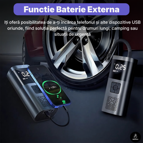 Compresor Auto Portabil, 3 in 1, Baterie 6000mAh Tip Powerbank, Digital, Manometru, Lanterna LED, 150PSI, Debit 20L, Pompa Aer Masina, 4 Accesorii, Incarcare USB, Umflare Roti, Minge, Bicicleta, Negru [11]