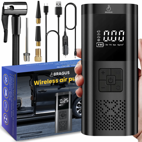 Accesorii auto - Compresor Auto Portabil, 3 in 1, Baterie 6000mAh Tip Powerbank, Digital, Manometru, Lanterna LED, 150PSI, Debit 20L, Pompa Aer Masina, 4 Accesorii, Incarcare USB, Umflare Roti, Minge, Bicicleta, Negru