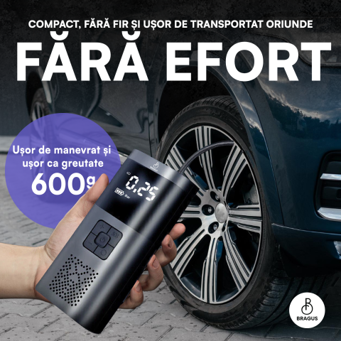 Compresor Auto Portabil, 3 in 1, Baterie 6000mAh Tip Powerbank, Digital, Manometru, Lanterna LED, 150PSI, Debit 20L, Pompa Aer Masina, 4 Accesorii, Incarcare USB, Umflare Roti, Minge, Bicicleta, Negru [7]