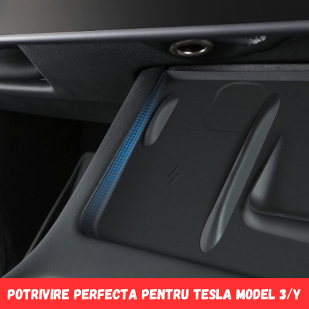 Covoras din silicon pentru suportul de incarcare Tesla, cu 2 compartimente, pentru telefon si casti, integrat in consola centrala, compatibil Model 3/Y, BRAGUS®, Negru [2]