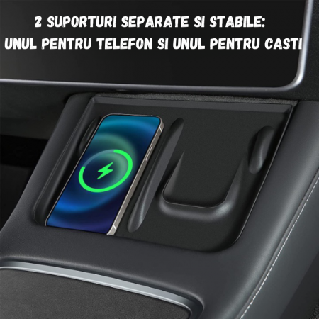 Covoras din silicon pentru suportul de incarcare Tesla, cu 2 compartimente, pentru telefon si casti, integrat in consola centrala, compatibil Model 3/Y, BRAGUS®, Negru [4]