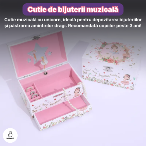 Cutie muzicala BRAGUS®, cu balerina, pentru depozitarea bijuteriilor, cu sertar incorporat, recomandata copiilor cu varsta de peste 3 ani, interior roz [8]