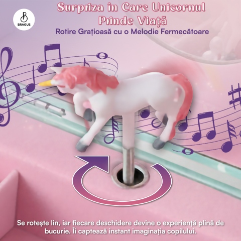 Cutie muzicala BRAGUS®, cu unicorn, pentru depozitarea bijuteriilor, cu sertar incorporat, recomandata copiilor cu varsta de peste 3 ani, interior roz [3]