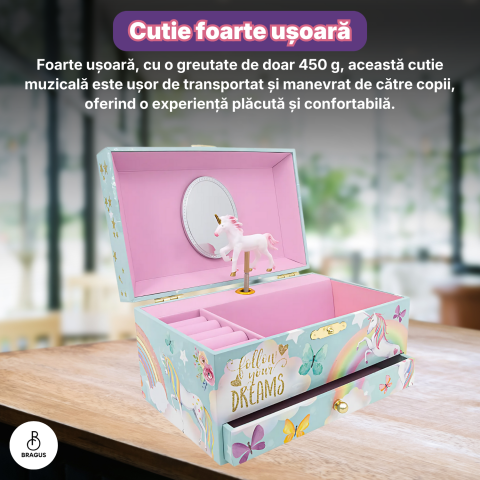 Cutie muzicala BRAGUS®, cu unicorn, pentru depozitarea bijuteriilor, cu sertar incorporat, recomandata copiilor cu varsta de peste 3 ani, interior roz [12]