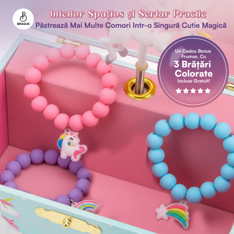 Cutie muzicala BRAGUS®, cu unicorn, pentru depozitarea bijuteriilor, recomandata copiilor cu varsta de peste 3 ani, interior roz [5]