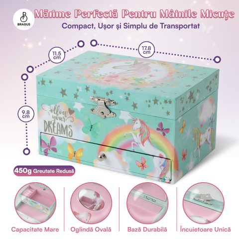 Cutie muzicala BRAGUS®, cu unicorn, pentru depozitarea bijuteriilor, cu sertar incorporat, recomandata copiilor cu varsta de peste 3 ani, interior roz [2]