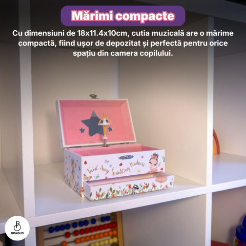 Cutie muzicala BRAGUS®, cu balerina, pentru depozitarea bijuteriilor, cu sertar incorporat, recomandata copiilor cu varsta de peste 3 ani, interior roz [11]