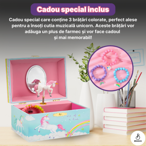 Cutie muzicala BRAGUS®, cu unicorn, pentru depozitarea bijuteriilor, recomandata copiilor cu varsta de peste 3 ani, interior roz [10]