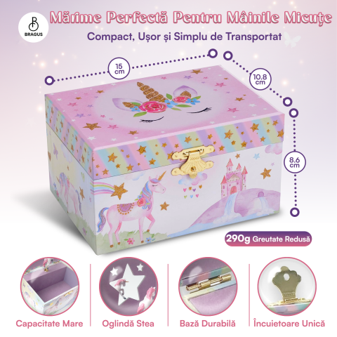 Cutie muzicala BRAGUS®, cu unicorn, pentru depozitarea bijuteriilor, recomandata copiilor cu varsta de peste 3 ani, interior mov [2]