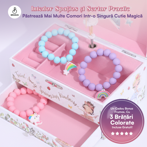 Cutie muzicala BRAGUS®, cu balerina, pentru depozitarea bijuteriilor, cu sertar incorporat, recomandata copiilor cu varsta de peste 3 ani, interior roz [5]