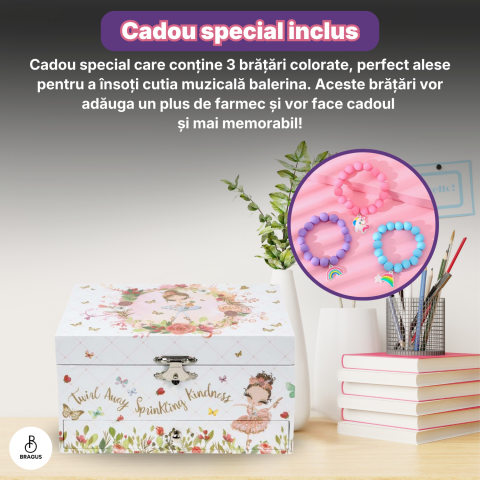 Cutie muzicala BRAGUS®, cu balerina, pentru depozitarea bijuteriilor, cu sertar incorporat, recomandata copiilor cu varsta de peste 3 ani, interior roz [10]