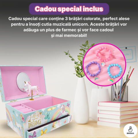 Cutie muzicala BRAGUS®, cu unicorn, pentru depozitarea bijuteriilor, cu sertar incorporat, recomandata copiilor cu varsta de peste 3 ani, interior roz [10]