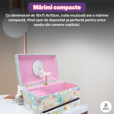 Cutie muzicala BRAGUS®, cu unicorn, pentru depozitarea bijuteriilor, cu sertar incorporat, recomandata copiilor cu varsta de peste 3 ani, interior roz [11]