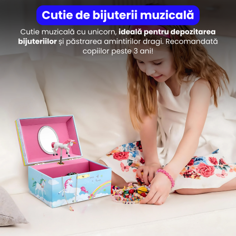 Cutie muzicala BRAGUS®, cu unicorn, pentru depozitarea bijuteriilor, recomandata copiilor cu varsta de peste 3 ani, interior roz [1]