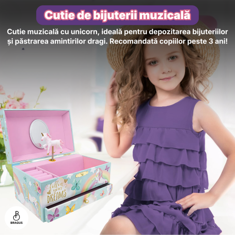 Cutie muzicala BRAGUS®, cu unicorn, pentru depozitarea bijuteriilor, cu sertar incorporat, recomandata copiilor cu varsta de peste 3 ani, interior roz [8]