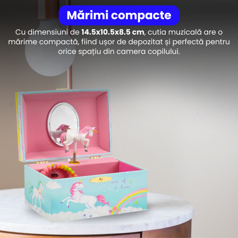 Cutie muzicala BRAGUS®, cu unicorn, pentru depozitarea bijuteriilor, recomandata copiilor cu varsta de peste 3 ani, interior roz [4]