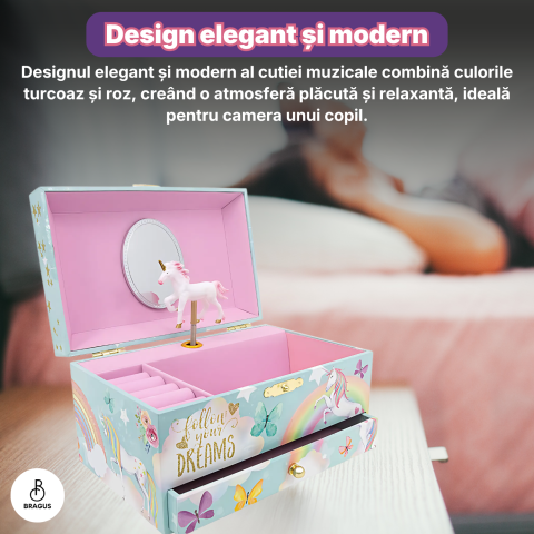 Cutie muzicala BRAGUS®, cu unicorn, pentru depozitarea bijuteriilor, cu sertar incorporat, recomandata copiilor cu varsta de peste 3 ani, interior roz [13]