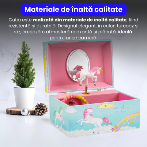 Cutie muzicala BRAGUS®, cu unicorn, pentru depozitarea bijuteriilor, recomandata copiilor cu varsta de peste 3 ani, interior roz [2]