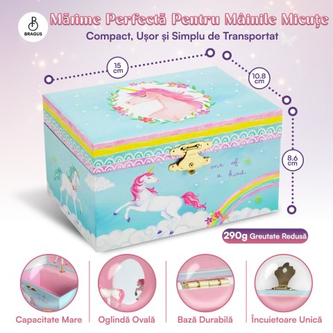 Cutie muzicala BRAGUS®, cu unicorn, pentru depozitarea bijuteriilor, recomandata copiilor cu varsta de peste 3 ani, interior roz [2]