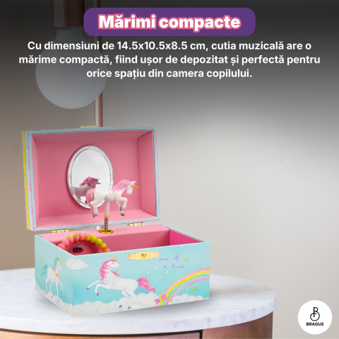 Cutie muzicala BRAGUS®, cu unicorn, pentru depozitarea bijuteriilor, recomandata copiilor cu varsta de peste 3 ani, interior roz [11]