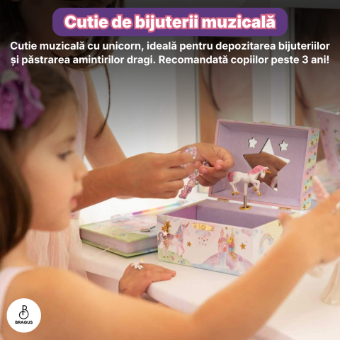 Cutie muzicala BRAGUS®, cu unicorn, pentru depozitarea bijuteriilor, recomandata copiilor cu varsta de peste 3 ani, interior mov [8]