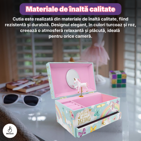Cutie muzicala BRAGUS®, cu unicorn, pentru depozitarea bijuteriilor, cu sertar incorporat, recomandata copiilor cu varsta de peste 3 ani, interior roz [9]