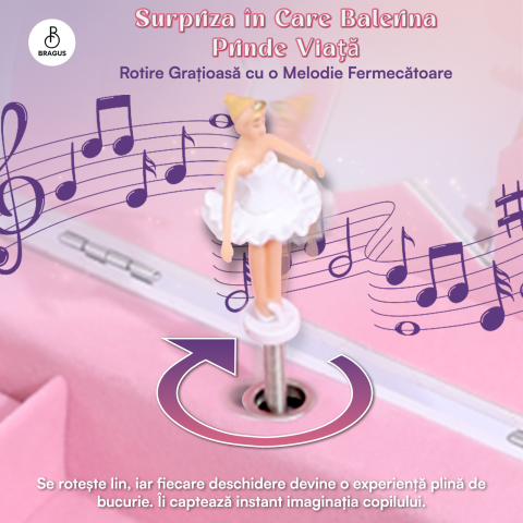 Cutie muzicala BRAGUS®, cu balerina, pentru depozitarea bijuteriilor, cu sertar incorporat, recomandata copiilor cu varsta de peste 3 ani, interior roz [3]