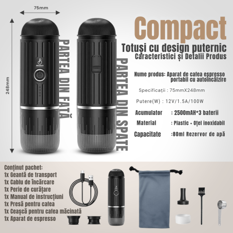 Espressor Portabil 2 in 1, Premium, Cafea Macinata sau Capsule, Reincarcabil, Presiune 19 Bari, Baterie 7500mAh, Aparat de Cafea Portabil, Functie Incalzire Integrata, Incarcare Rapida, Design Modern [7]