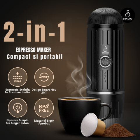 Espressor Portabil 2 in 1, Premium, Cafea Macinata sau Capsule, Reincarcabil, Presiune 19 Bari, Baterie 7500mAh, Aparat de Cafea Portabil, Functie Incalzire Integrata, Incarcare Rapida, Design Modern [1]