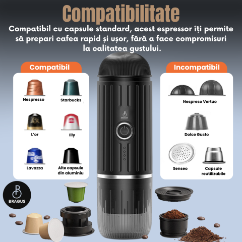 Espressor Portabil 2 in 1, Premium, Cafea Macinata sau Capsule, Reincarcabil, Presiune 19 Bari, Baterie 7500mAh, Aparat de Cafea Portabil, Functie Incalzire Integrata, Incarcare Rapida, Design Modern [9]