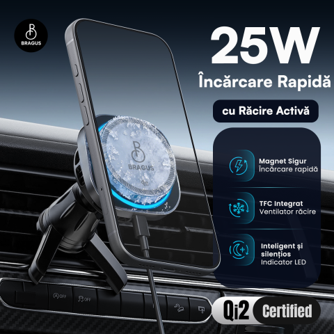 Incarcator Auto Wireless Magnetic, Incarcare Rapida 25W, Functie Racire Integrata, Fixare Puternica, Protocol QI2.2, Lumina Ambientala, Adaptor 45W Inclus, Tehnologie MagSafe, Suport Pentru Telefon [1]